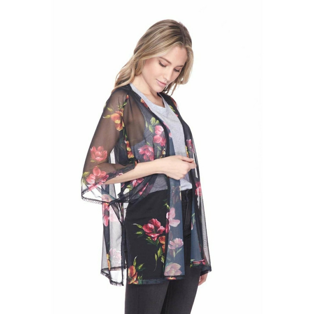 NEW Floral Print Sheer Black Kimono Cover Up